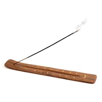 Wooden Incense Holder for Sticks with Inlays of Brass Crescent Moon 10 inches Long