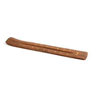 Wooden Incense Holder for Sticks with Inlays of Brass Crescent Moon 10 inches Long