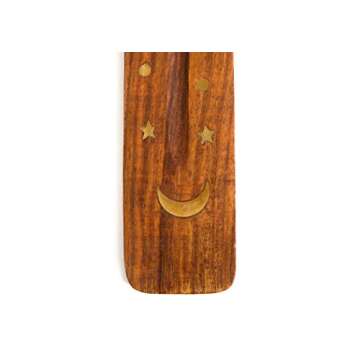 Wooden Incense Holder for Sticks with Inlays of Brass Crescent Moon 10 inches Long