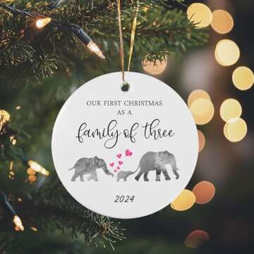 Our First Christmas as a Family of 3 Elephant 2024 Christmas Ornament Growing Family of 3 Baby Shower Gift Mama Papa Baby New Parents Present Family Circle Ceramic with Gift Box (Family of 3)