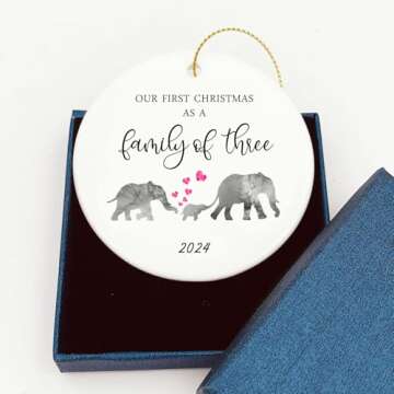 Our First Christmas as a Family of 3 Elephant 2024 Christmas Ornament Growing Family of 3 Baby Shower Gift Mama Papa Baby New Parents Present Family Circle Ceramic with Gift Box (Family of 3)