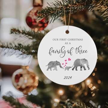 Our First Christmas as a Family of 3 Elephant 2024 Christmas Ornament Growing Family of 3 Baby Shower Gift Mama Papa Baby New Parents Present Family Circle Ceramic with Gift Box (Family of 3)