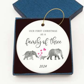 Our First Christmas as a Family of 3 Elephant 2024 Christmas Ornament Growing Family of 3 Baby Shower Gift Mama Papa Baby New Parents Present Family Circle Ceramic with Gift Box (Family of 3)