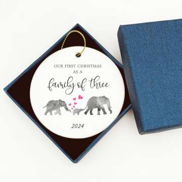 Our First Christmas as a Family of 3 Elephant 2024 Christmas Ornament Growing Family of 3 Baby Shower Gift Mama Papa Baby New Parents Present Family Circle Ceramic with Gift Box (Family of 3)