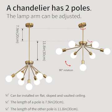 Gednbo Gold Sputnik Chandeliers 7-Light Modern Pendant Lighting Deformable Mid Century Ceiling Hanging Light Fixture for Bedroom Living Room Dining Room Kitchen (Exclude E26 Bulb)