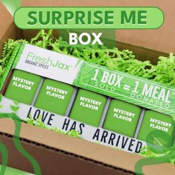 FreshJax Organic Spices and Seasonings sets | Mystery Gift Set | 5 Sampler Sized Bottles in a Surprise Me Gift Box | Grilling Spices Christmas Gifts for Men