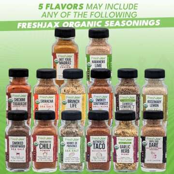 FreshJax Organic Spices and Seasonings sets | Mystery Gift Set | 5 Sampler Sized Bottles in a Surprise Me Gift Box | Grilling Spices Christmas Gifts for Men