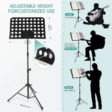 Portable Sheet Music Stand, Adjustable Music Stand with Carrying Bag, Folding Music Stand, Music Stand-Metal Professional, Fit for Travel, Band, Music Practice, Instrumental Performance