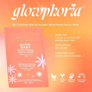 Pacifica Beauty Glow Baby Brightening Facial Mask, Skincare, Vitamin C, Aloe, Kelp, Fine Lines, Wrinkles, Dark Spots, Dry Skin, Cooling Mask, Face Mask, Face Care, For All Skin Types, Vegan (4 Sheets)