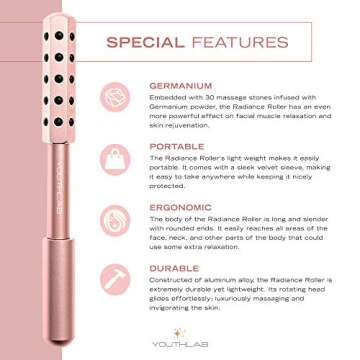 YouthLab Radiance Roller - Germanium Stone Uplifting Face Beauty Massage Tool /Roller/Wand for Skin Tightening/Firming, De-Puffing, Sculpt/Lift, Anti-Aging (Rose Gold)