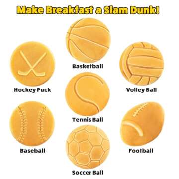 Sports Waffle Maker- Make Breakfast a Slam Dunk- Bakes 7 Themed Pancakes Including Football, Baseball, Basketball, Soccer, Tennis & More- Electric Nonstick Pan Cake Baker w Recipes- Kids Gift or Treat