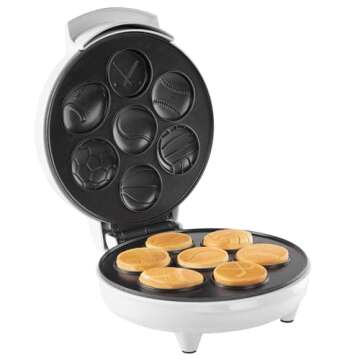 Sports Waffle Maker- Make Breakfast a Slam Dunk- Bakes 7 Themed Pancakes Including Football, Baseball, Basketball, Soccer, Tennis & More- Electric Nonstick Pan Cake Baker w Recipes- Kids Gift or Treat