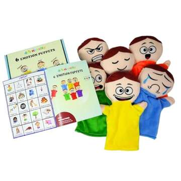 6 Pack Feeling Hand Puppets for Kids with 6 Emotions, with Moveable Arms, Soft Plush Hand Puppets for Toddlers, Early Education Toys, Social Emotional Learning Activities