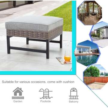 LOKATSE HOME Outdoor Patio Bistro Furniture Ottoman Footstool Rest with Premium Fabric Soft Removable Cushion and Wicker Rattan with Slatted Steel for Garden Yard Lawn Poolside, Grey