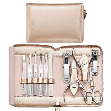 Gifts for Women, FAMILIFE Manicure Set Professional Manicure Kit 11 in 1 Nail Kit Manicure and Pedicure Set Nail Clippers Nail Care Tools Stainless Steel Nails with Rose Gold Leather Case Travel Set