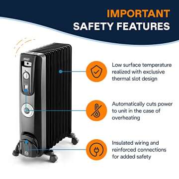 De'Longhi Oil filled Radiator Heater, 1500W Electric Space Heater for indoor use, portable room heater, Energy Saving, full room like office and bedroom with safety features, EW7707CB