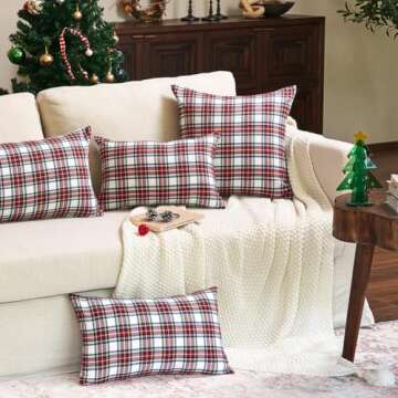 CARRIE HOME White Tartan Plaid Christmas Lumbar Pillow Covers 12x20 Set of 2 White Scottish Christmas Lumbar Throw Pillows Traditional Christmas Decor for Living Room Couch Sofa