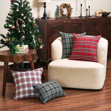 CARRIE HOME White Tartan Plaid Christmas Lumbar Pillow Covers 12x20 Set of 2 White Scottish Christmas Lumbar Throw Pillows Traditional Christmas Decor for Living Room Couch Sofa