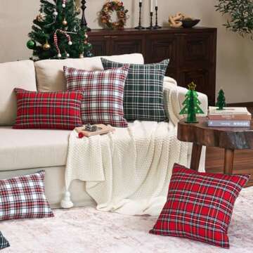 CARRIE HOME White Tartan Plaid Christmas Lumbar Pillow Covers 12x20 Set of 2 White Scottish Christmas Lumbar Throw Pillows Traditional Christmas Decor for Living Room Couch Sofa