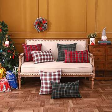 CARRIE HOME White Tartan Plaid Christmas Lumbar Pillow Covers 12x20 Set of 2 White Scottish Christmas Lumbar Throw Pillows Traditional Christmas Decor for Living Room Couch Sofa