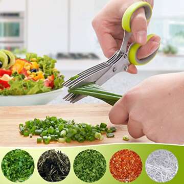 LHS Herb Scissors with 5 Blades and Safe Cover Kitchen Gadgets Cutter, Salad Scissors, Sharp Dishwasher Safe Kitchen Gadget, Culinary Cutter - Green