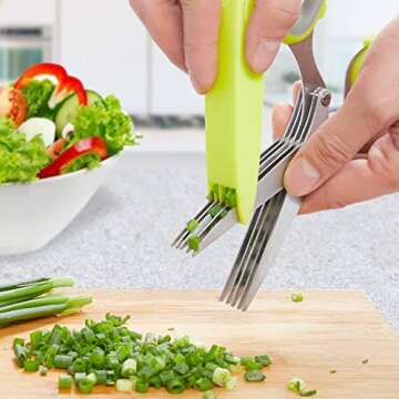 LHS Herb Scissors with 5 Blades and Safe Cover Kitchen Gadgets Cutter, Salad Scissors, Sharp Dishwasher Safe Kitchen Gadget, Culinary Cutter - Green