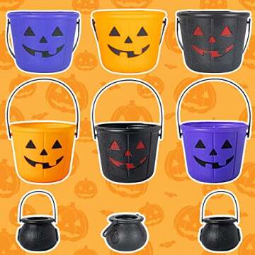 unanscre Halloween Pumpkin Trick or Treat Buckets with Mini Cauldron Kettles, Jack O Lantern Candy Baskets in 3 Colors, 9 Pcs Plastic Pumpkin/Cauldron Pails with Handle for Halloween Party Supplies