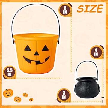 unanscre Halloween Pumpkin Trick or Treat Buckets with Mini Cauldron Kettles, Jack O Lantern Candy Baskets in 3 Colors, 9 Pcs Plastic Pumpkin/Cauldron Pails with Handle for Halloween Party Supplies