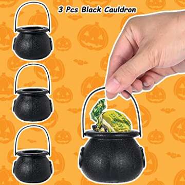 unanscre Halloween Pumpkin Trick or Treat Buckets with Mini Cauldron Kettles, Jack O Lantern Candy Baskets in 3 Colors, 9 Pcs Plastic Pumpkin/Cauldron Pails with Handle for Halloween Party Supplies