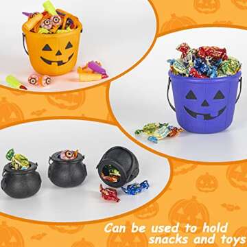 unanscre Halloween Pumpkin Trick or Treat Buckets with Mini Cauldron Kettles, Jack O Lantern Candy Baskets in 3 Colors, 9 Pcs Plastic Pumpkin/Cauldron Pails with Handle for Halloween Party Supplies