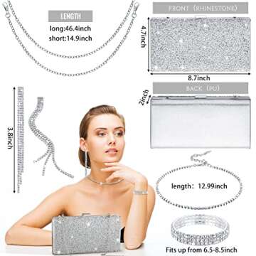 Kigeli 4 Pieces Women Rhinestone Evening Clutch Bag Rhinestone Earring Bridal Wedding Necklace Bracelet Dangle Bling Glitter Purse (Silver)