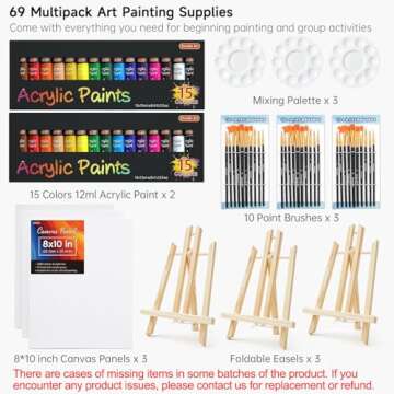 Shuttle Art 69 Pack Acrylic Paint Set, Acrylic Painting Set with 2 Pack of 15 Colors Acrylic Paint, 3 Sets of Wooden Easels, Canvas, Brushes & Palettes, Art Painting Supplies for Kids Adults Beginner