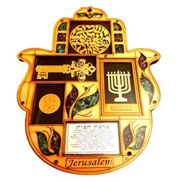 Hamsa Wall Decor Hebrew Blessing Wall Decor Jewish Blessings for luck & Protection Hand Fatima Wood With Semi Precious Stones Gift Menorah Shma Israel Star of David Kabbala Key