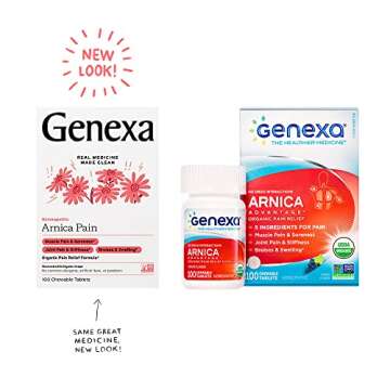 Genexa Arnica Tablets for Pain Relief Formula | Alleviate Muscle & Joint Pain, Soreness, & Stiffness | Delicious Organic Grape Flavor | Homeopathic Remedy Made Clean | 100 Chewable Tablets