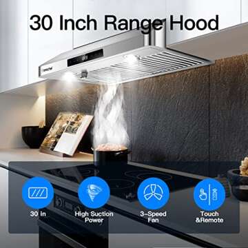 AMZCHEF Under Cabinet Range Hood 30 Inch, 700CFM Stainless Steel Kitchen Stove Vent Hood 3 Speed Exhaust Fan Touch/Remote Control LED lights Time Setting Dishwasher-Safe Baffle Filters