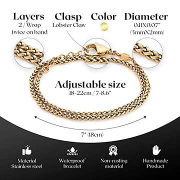 Galis Wrap Bracelets For Women and Men - Unisex Premium Stainless Steel Bracelet for Men & Women, Gold Plated Non Tarnish Bracelet - Double Wrap Wheat Chain Style with Lobster Claw Clasp 7"