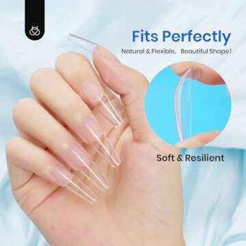 Beetles Acrylic Nails Kit 500Pcs Long Coffin Pre-Shaped Clear Full Cover Soft False Nails, Nail Tips Soak Off Easy Nail Extension Set for DIY Nails Art Home Gift for Women