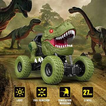 Remote Control Dinosaur Car for Kids Boys, 2.4Ghz All Terrain Remote Control Dinosaur Truck with Light, Rechargeable 4WD Off Road RC Car Toys for Kids 3 4 5 6 7 8-12 Year Old Boys Girls Birthday Gift