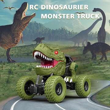 Remote Control Dinosaur Car for Kids Boys, 2.4Ghz All Terrain Remote Control Dinosaur Truck with Light, Rechargeable 4WD Off Road RC Car Toys for Kids 3 4 5 6 7 8-12 Year Old Boys Girls Birthday Gift