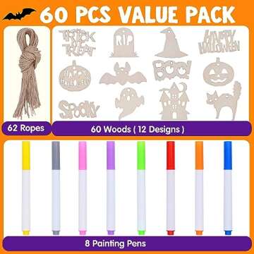 JOYIN 60 Pcs Halloween Craft Wooden Painting Kit, Halloween Party Supplies, Party Favors for Kids, Halloween Wood Blank Cutouts Ornaments, Gift Tags Decor for School Art DIY Activities Goodies Games