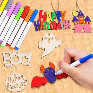 JOYIN 60 Pcs Halloween Craft Wooden Painting Kit, Halloween Party Supplies, Party Favors for Kids, Halloween Wood Blank Cutouts Ornaments, Gift Tags Decor for School Art DIY Activities Goodies Games