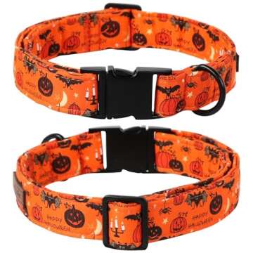 Lionet Paws Fall Halloween Dog Collar with Sailor Bow, Cute Bat Pumpkin Dog Collar for Large Dogs, Adjustable Cotton Orange Pet Collars for Medium Large Dogs