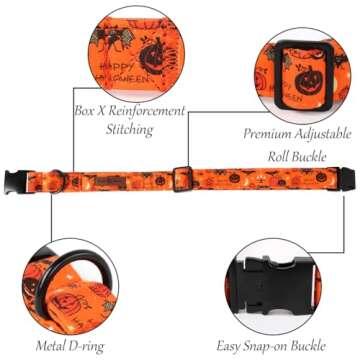 Lionet Paws Fall Halloween Dog Collar with Sailor Bow, Cute Bat Pumpkin Dog Collar for Large Dogs, Adjustable Cotton Orange Pet Collars for Medium Large Dogs