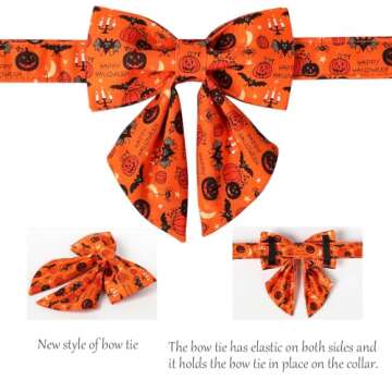 Lionet Paws Fall Halloween Dog Collar with Sailor Bow, Cute Bat Pumpkin Dog Collar for Large Dogs, Adjustable Cotton Orange Pet Collars for Medium Large Dogs