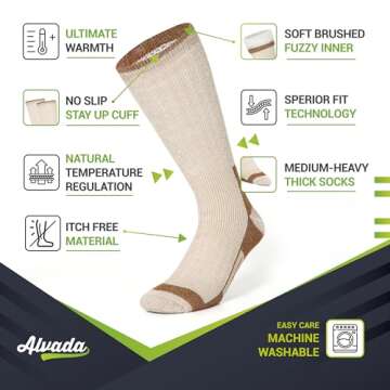 Alvada Merino Wool Hiking Socks Thermal Warm Crew Winter Boot Sock For Men Women 3 Pairs XSS