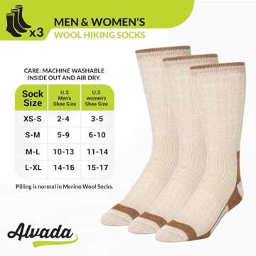 Alvada Merino Wool Hiking Socks Thermal Warm Crew Winter Boot Sock For Men Women 3 Pairs XSS