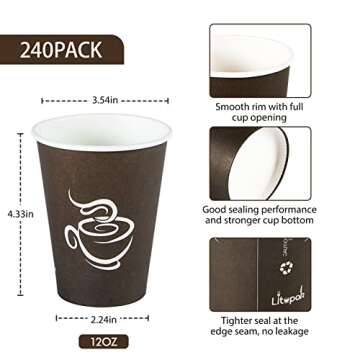 LITOPAK 240 Pack 12 oz Paper Cups, Disposable Coffee Cups, Paper Drinking Cups, Brown Disposable Cups, Paper Hot Coffee Cups, Paper Coffee Cups for Party, Picnic, Travel, and Events