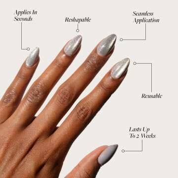 Glamnetic Press On Nails - Oslo | Short Almond Silver Shimmer Nails with a Cat Eye Finish | 15 Sizes - 30 Nail Kit with Glue