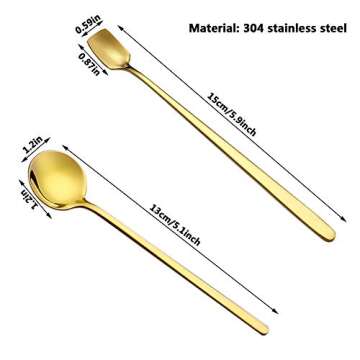 ACKLLR 8 Pack Gold Plated Stainless Steel Espresso Spoons and Long Handle Stirring Spoon, Mini Teaspoon Set for Coffee Sugar Dessert Cake Ice Cream Soup Antipasto Cappuccino Cocktail, 5.1/5.9 Inch