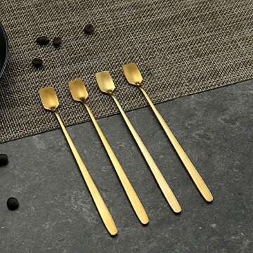 ACKLLR 8 Pack Gold Plated Stainless Steel Espresso Spoons and Long Handle Stirring Spoon, Mini Teaspoon Set for Coffee Sugar Dessert Cake Ice Cream Soup Antipasto Cappuccino Cocktail, 5.1/5.9 Inch